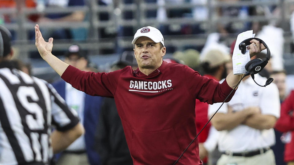 South Carolina head coach Shane Beamer reacts to a call during the second quarter of the Gator Bowl NCAA college football game against Notre Dame on Friday, Dec. 30, 2022, in Jacksonville, Fla. (AP Photo/Gary McCullough)