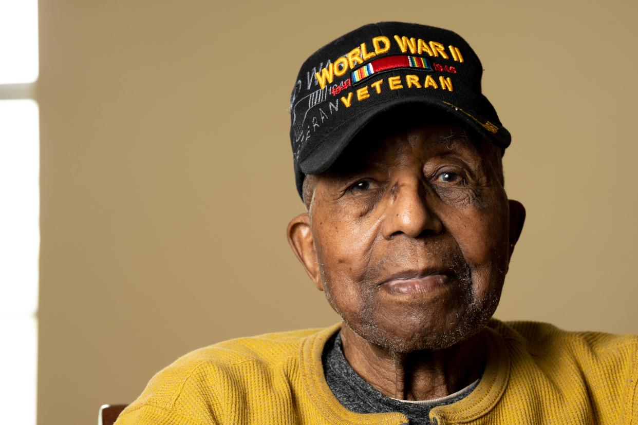 Richard Steward, 102, who retired from the U.S. Army in 1945 as a corporal after serving in World War II, sits for an interview in West Chester on Sunday, May 28, 2023.