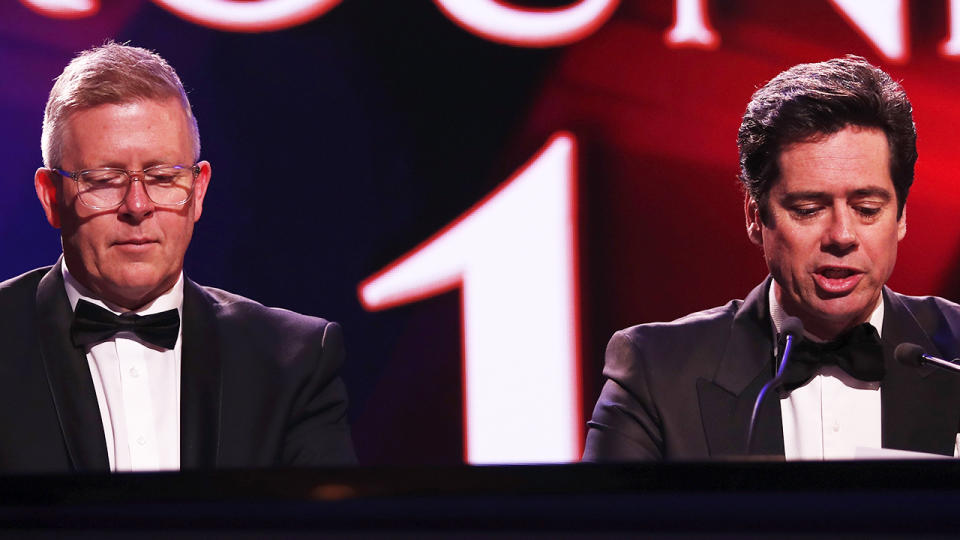 Steven Hocking and Gillon McLachlan, pictured here at the 2019 Brownlow Medal.