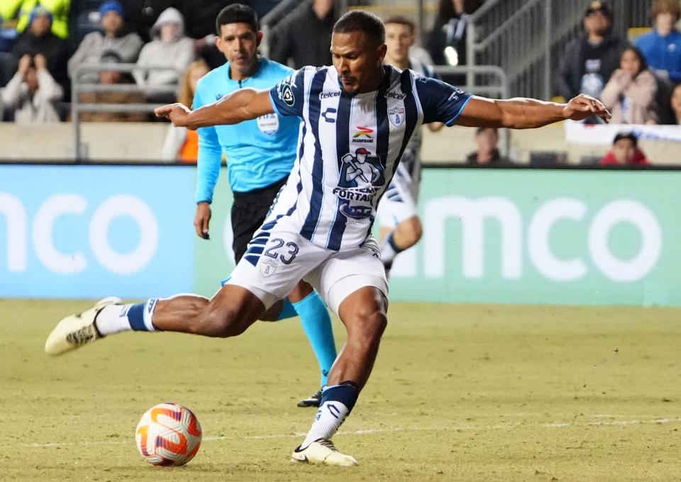 Mar 5, 2024; Chester, PA, USA; CF Pachuca forward Salomon Rondon (23) kicks the ball against the Philadelphia Union during the first half at Subaru Park. Mandatory Credit: Gregory Fisher-USA TODAY Sports