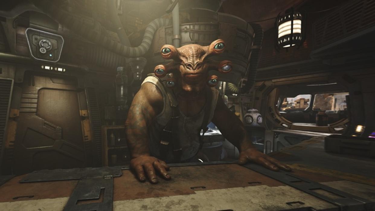  An alien stands at a bar in a cantina. He has six eyes and orange skin, tattoos on his arms. 