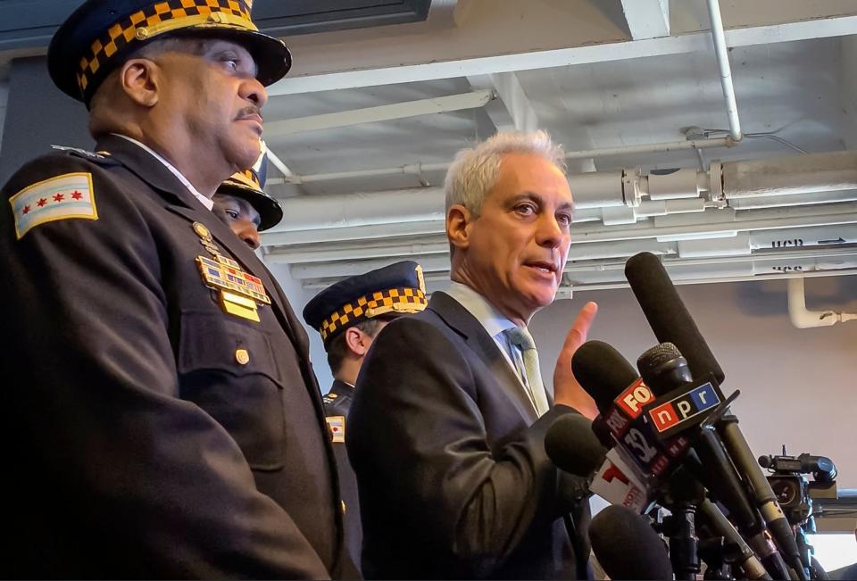 In this image taken from video, Chicago Mayor Rahm Emanuel, right, and Chicago Police Superintendent Eddie Johnson appear at a news conference in Chicago, Tuesday, March 26, 2019, after prosecutors abruptly dropped all charges against "Empire" actor Jussie Smollett, abandoning the case barely five weeks after he was accused of lying to police about being the target of a racist, anti-gay attack in downtown Chicago. The mayor and police chief blasted the decision and stood by the investigation that concluded Smollett staged a hoax. (Mitch Armentrout/Chicago Sun-Times via AP) ORG XMIT: ILCHS403