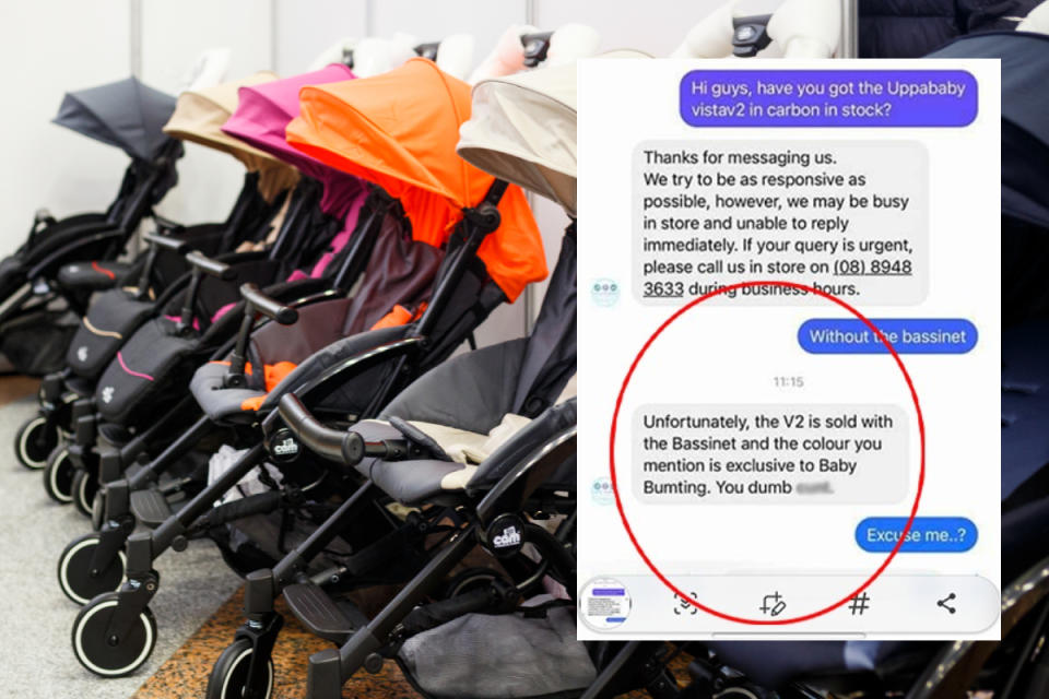 Prams lined up; Facebook conversation including slur