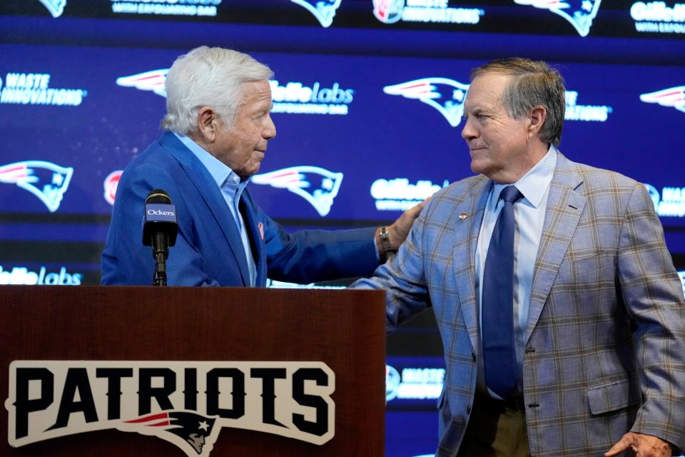 New England Patriots team owner Robert Kraft, left, and former Patriots head coach Bill Belichick shake hands during an NFL football news conference, Thursday, Jan. 11, 2024, in Foxborough, Mass., to announce that Belichick, a six-time NFL champion, has agreed to part ways with the team. (AP Photo/Steven Senne)