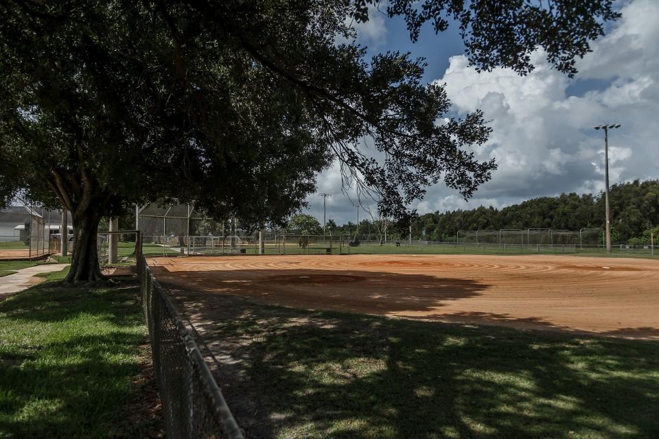 Tree limbs hang over first base Wednesday at one of the baseball fields at Wellington Community Park.