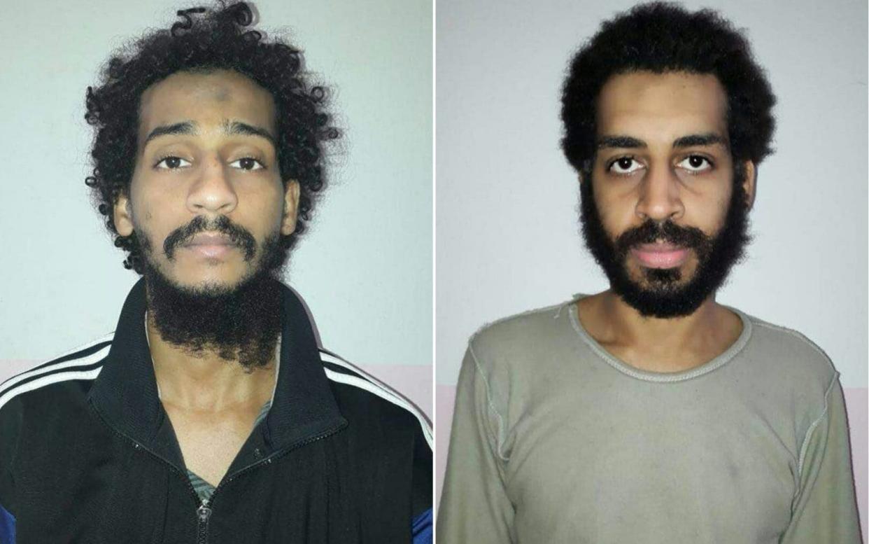 Isil fighters El Shafee El-Sheikh, left, and Alexanda Kotey after capture. They are both believed to be members of the infamous 'Beatles' terror cell - AFP