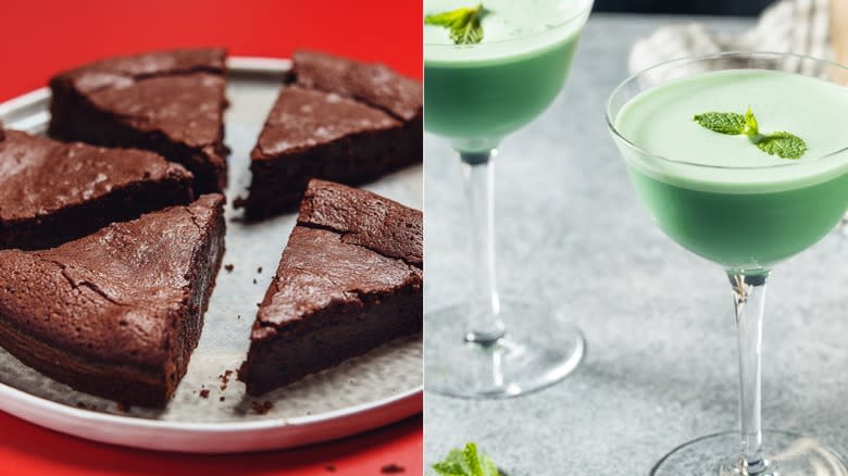 Chocolate cake and green cocktails