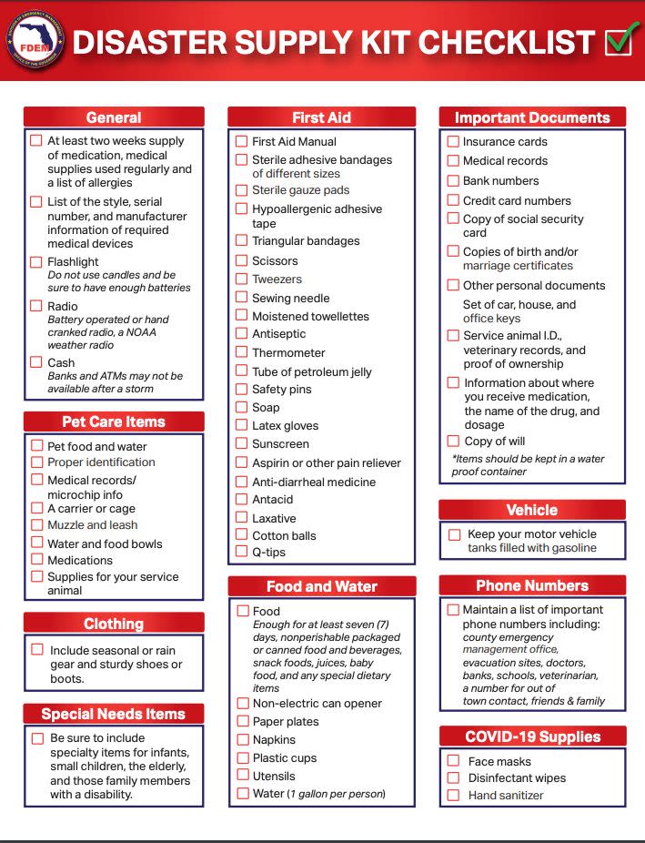 Here are supplies authorities say should be prepared in advance of a storm. Face masks, disinfectant wipes and hand sanitizer should be included due to COVID-19. (floridadisaster.org)