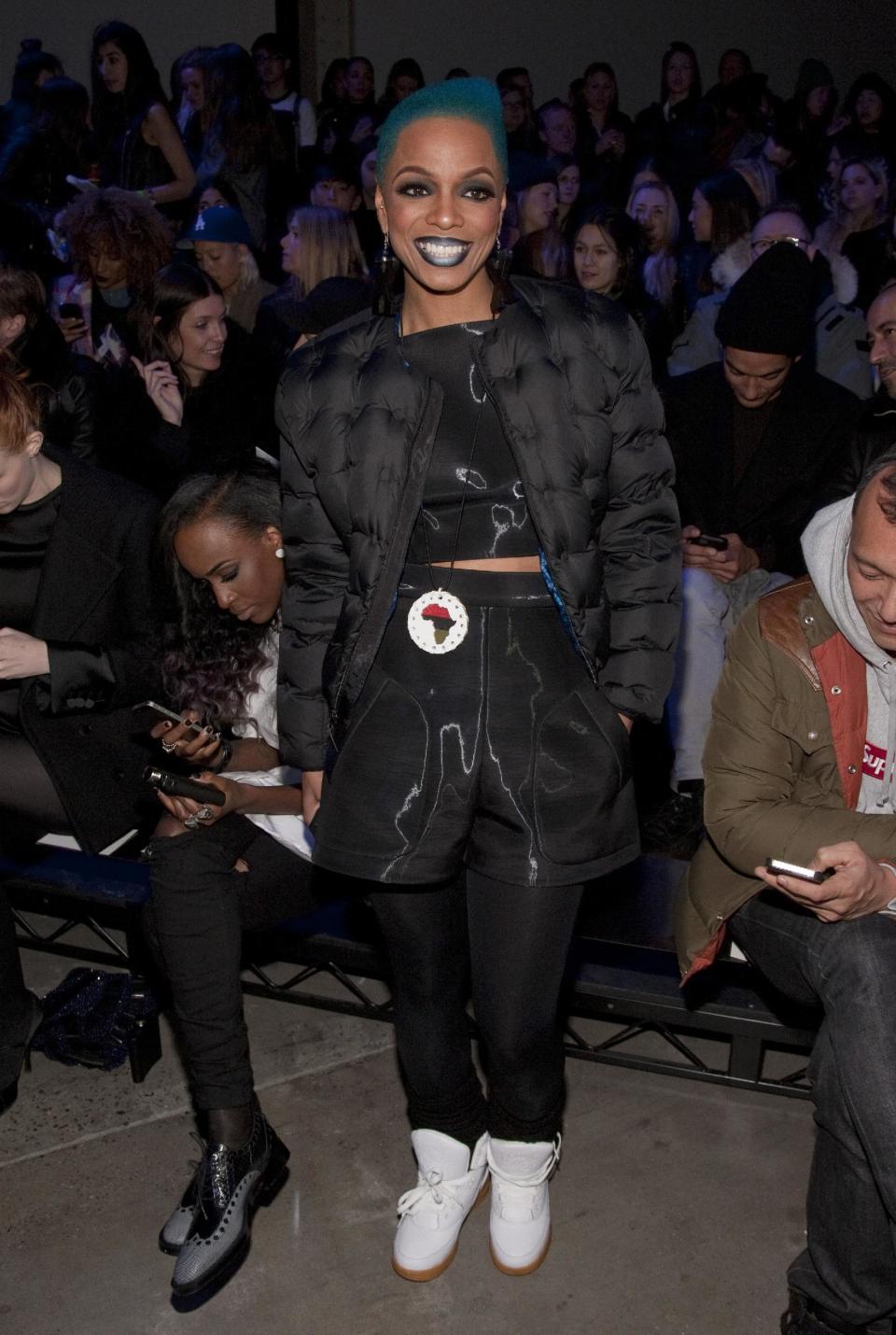 Recording artist Sharaya J attends the MBFW 2014 Fall/Winter Alexander Wang fashion show, on Saturday, Feb. 8, 2014 in New York. (Photo by Andy Kropa/Invision/AP)