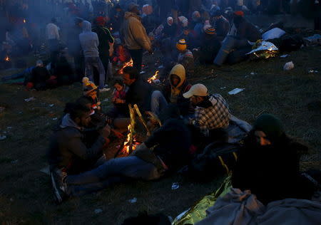 A group of migrants wait to enter a makeshift camp at the Austrian Slovenian border near the village of Sentilj, Slovenia, October 25, 2015. REUTERS/Leonhard Foeger