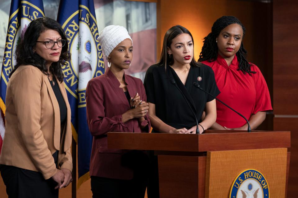 From left, Rep. Rashida Tlaib, D-Mich.; Rep. Ilhan Omar, D-Minn.; Rep. Alexandria Ocasio-Cortez, D-N.Y.; and Rep. Ayanna Pressley, D-Mass., are prominent members of the far-left wing of the Democratic Party.