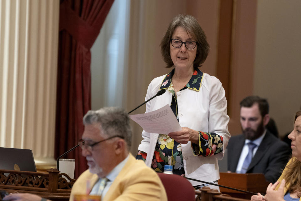 State Sen. Nancy Skinner, D-Berkeley, chair of the Senate budget committee, calls for passage of the state budget at the Capitol in Sacramento, Calif., Tuesday , June 27, 2023. Both houses approved the $310.8 billion spending plan that covers the nearly $32 billion budget deficit without raiding the state's saving account. (AP Photo/Rich Pedroncelli)