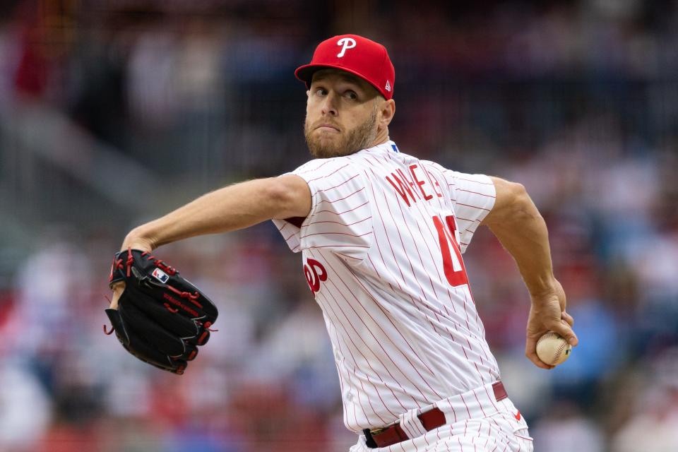 Apr 7, 2023; Philadelphia, Pennsylvania, USA; Philadelphia Phillies starting pitcher Zack Wheeler (45) throws a pitch during the second inning against the Cincinnati Reds at Citizens Bank Park. Mandatory Credit: Bill Streicher-USA TODAY Sports