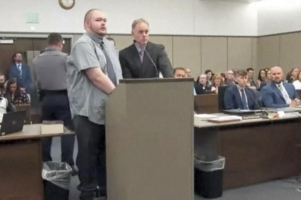 FILE - In this image taken from video provided by the Colorado Judicial Branch, Anderson Lee Aldrich, left, the suspect in a mass shooting that killed five people at a Colorado Springs LGBTQ+ nightclub in 2022, appears in court, June 26, 2023, in Colorado Springs, Colo. (Colorado Judicial Branch via AP, File)