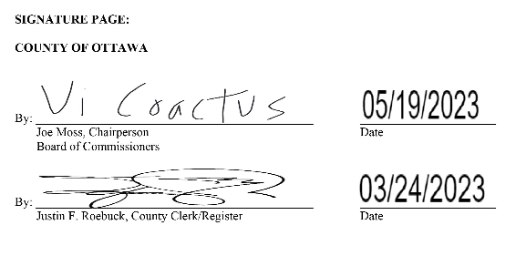 Ottawa County Board Chair Joe Moss signed a memorandum of understanding with the local LGBTQ nonprofit Out on the Lakeshore as "vi coactus," or "under duress" on Friday, May 19, 2023.