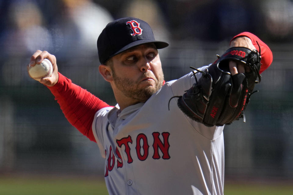 Boston Red Sox starting pitcher Kutter Crawford delivers during the second inning of the team's baseball game against the Pittsburgh Pirates in Pittsburgh, Saturday, April 20, 2024. (AP Photo/Gene J. Puskar)
