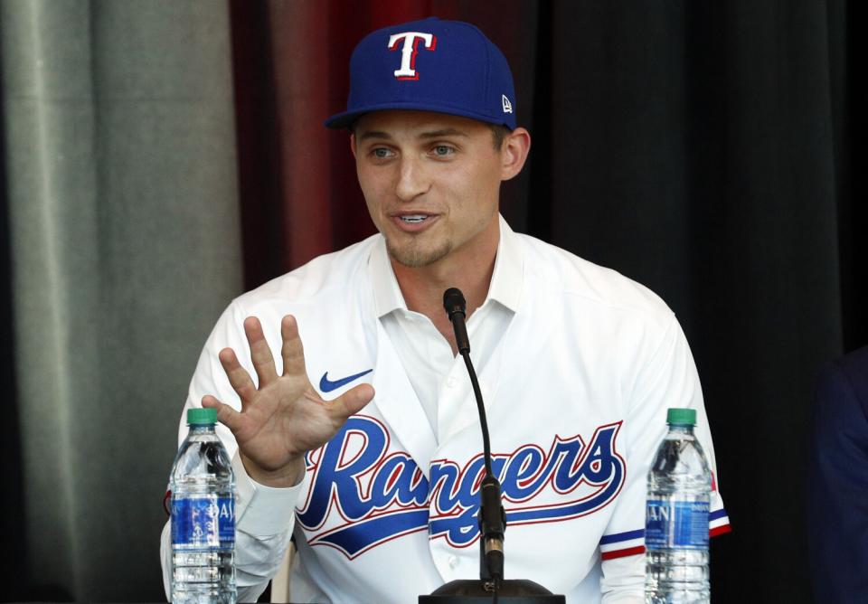 New Texas Rangers shortstop Corey Seager meets the media in Arlington, Texas.