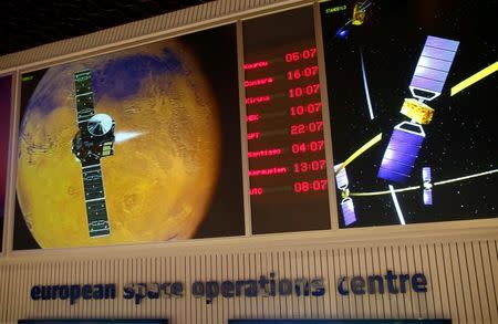 Monitors are pictured in the main control room of the European Space Operations Centre (ESOC) in Darmstadt, Germany June 17, 2016. REUTERS/Ralph Orlowski