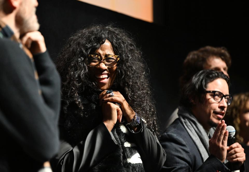 Shondrella Avery (LaFawnduh) reacts while Efren Ramirez (Pedro) tells a story from filming as members of the movie “Napoleon Dynamite” gather at Sundance in Park City for a special 20 year anniversary showing at The Ray Theatre on Wednesday, Jan. 24, 2024. | Scott G Winterton, Deseret News