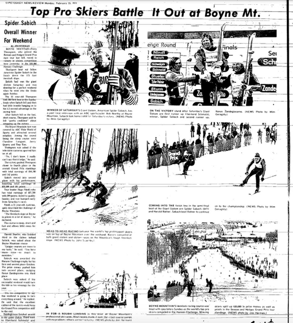 Professional ski racers took over the slopes of Boyne Mountain, as seen in this Feb. 25, 1974 edition of the Petoskey News-Review.