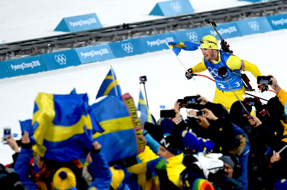 <p>Fredrik Lindstroem of Sweden heads along the finish straight on the way to winning the gold medal during the Men’s 4×7.5km Biathlon Relay on day 14 of the PyeongChang 2018 Winter Olympic Games in South Korea, February 23, 2018.<br> (Photo by Matthias Hangst/Getty Images) </p>