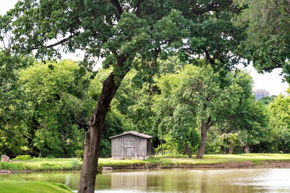 Downtown green park with lake and small building cabin with trees in Addison