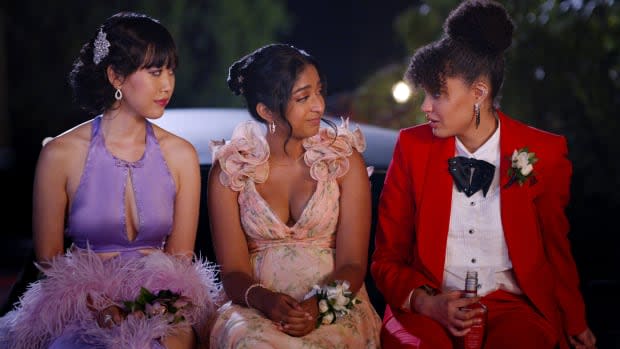 (L to R) Ramona Young as Eleanor Wong, Maitreyi Ramakrishnan as Devi an Lee Rodriguez as Fabiola Torres<p>Netflix</p>