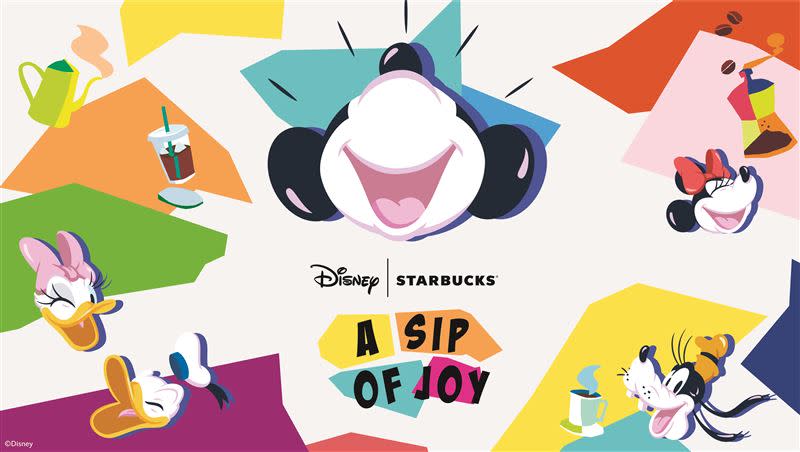 第二波「A SIP OF JOY」商品系列，以繽紛的多巴胺色系為設計主軸，靈感來自於米奇、米妮、唐老鴨等深受粉絲們喜愛的迪士尼角色之間深厚的友誼。（圖／品牌業者提供）