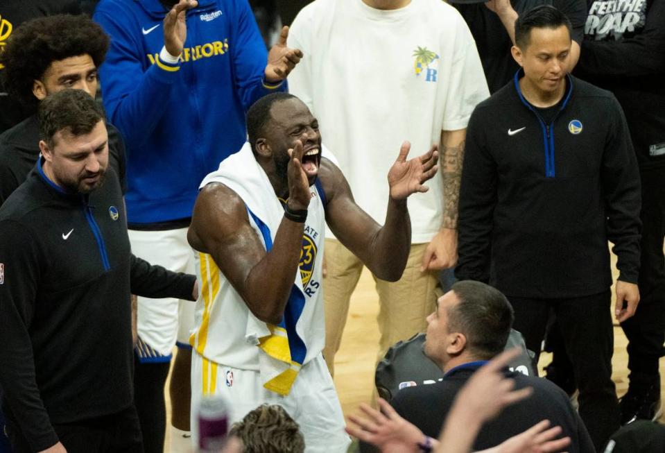 Golden State Warriors forward Draymond Green (23) reacts after being ejected from the game for fouling Sacramento Kings center Domantas Sabonis (10) during Game 2 of the first-round NBA playoff series at Golden 1 Center on Monday, April 17, 2023.