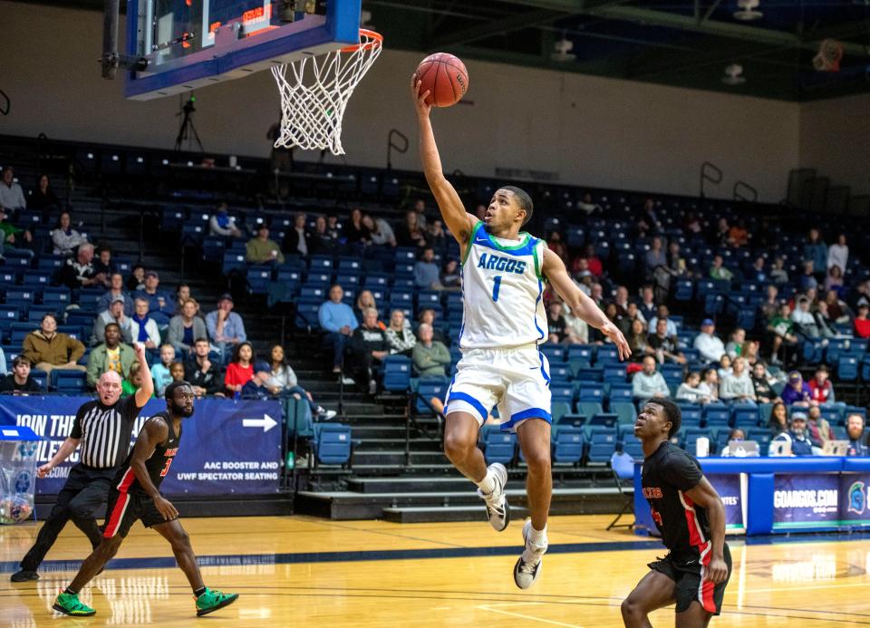 West Florida Argo Darrin Jenkins goes up for two during second period action against Valdosta State. West Florida beat Valdosta State in overtime 99-97 at The UWF Fieldhouse Saturday, January 8, 2022.