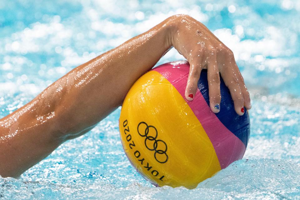 Detail view of the nails worn by Team United States driver Margaret Steffens (6) against Japan during the first quarter in the preliminary round Group B match during the Tokyo 2020 Olympic Summer Games at Tatsumi Water Polo Centre on July 24, 2021. 