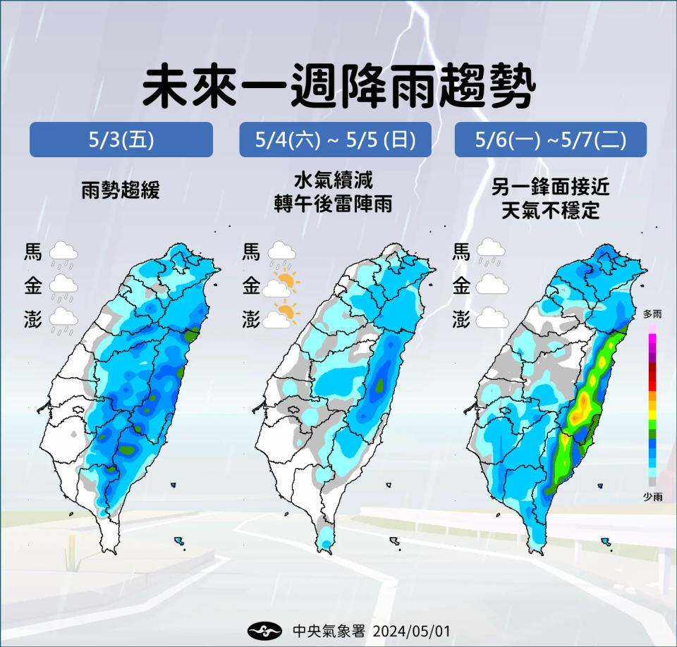 <strong>一波波鋒面持續影響台灣，全台各地都有降雨，其中下週以東半部降雨為主。（圖／中央氣象署提供）</strong>