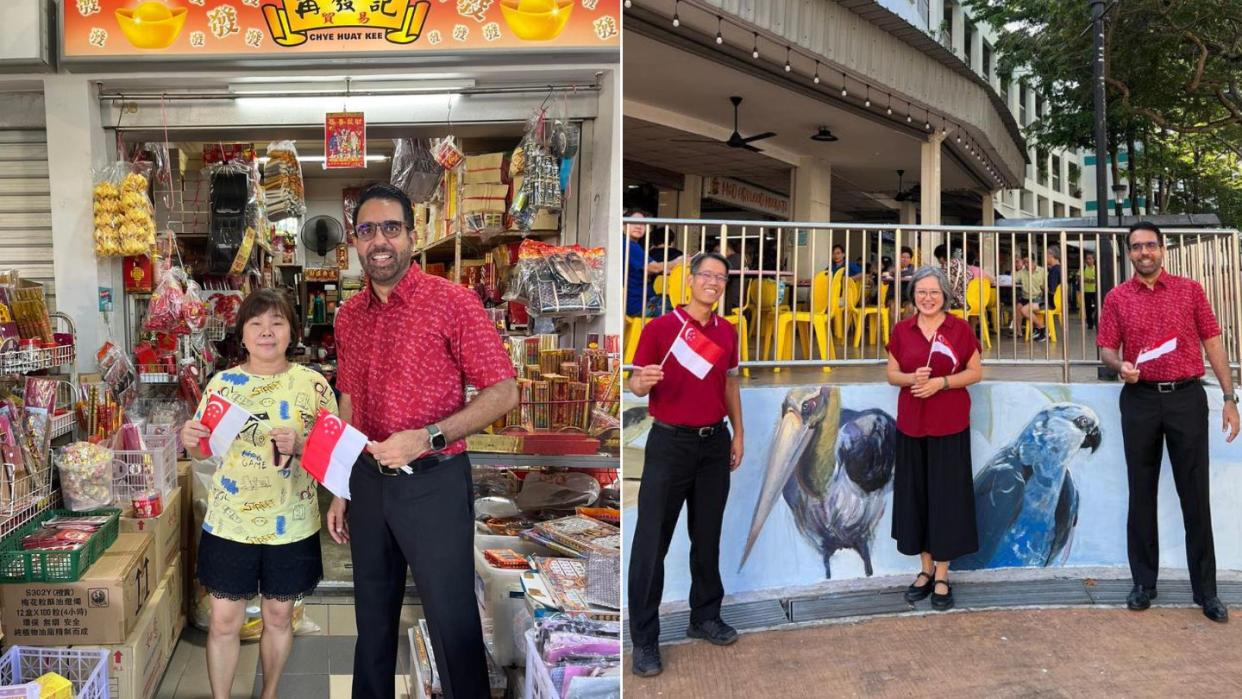 Secretary-general of the Workers' Party, Pritam Singh, alongside MPs Sylvia Lim and Gerald Giam, engages with residents during a flag distribution event at Serangoon Gardens hawker centre and Serangoon North commercial centre in Aljunied GRC on 6 August, in preparation for the upcoming National Day celebrations. 