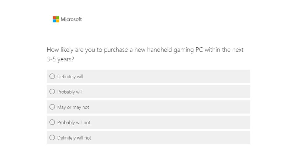 Microsoft gaming handheld survey:  Likelihood of buying a gaming handheld.