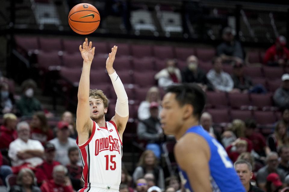 Ohio State guard Bowen Hardman (15) attempts a shot against Chaminade on Nov. 1, 2022, in Columbus.