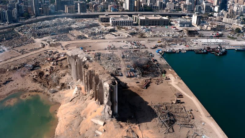 A still image taken from a drone footage shows the damage two days after an explosion in Beirut's port area