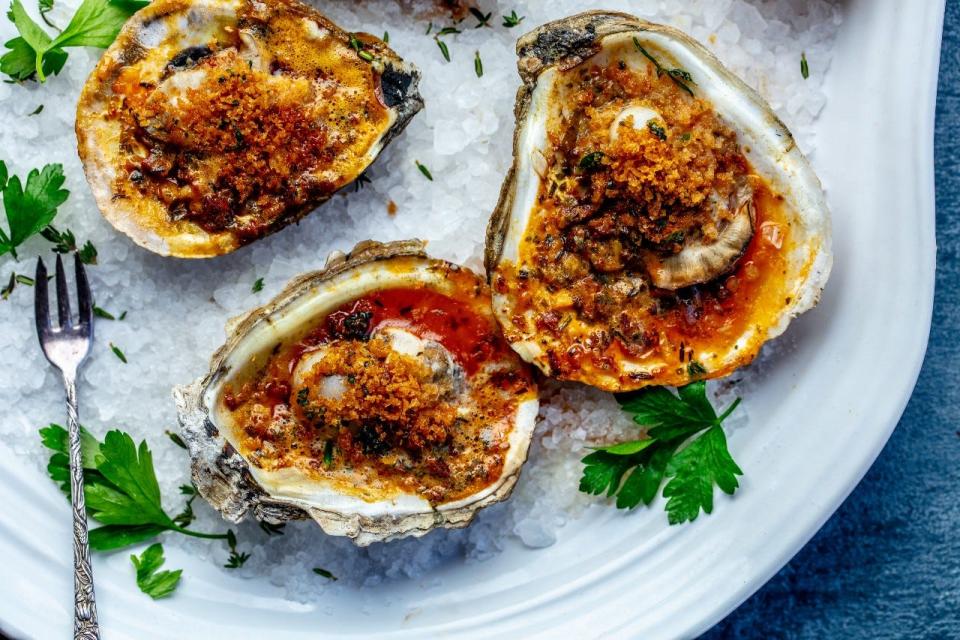 Oysters also are grilled with chorizo butter and crusted with herbed panko crumbs at Stage Kitchen in Palm Beach Gardens.