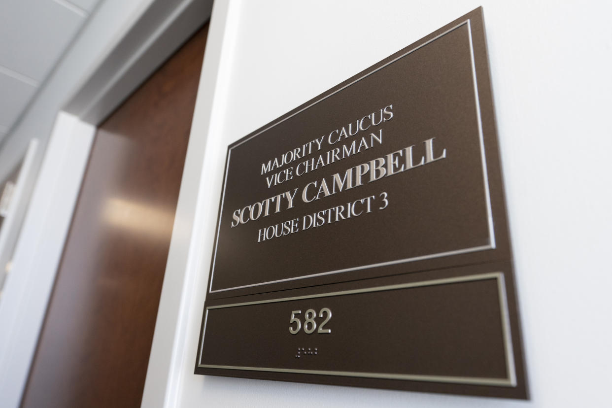 A nameplate is displayed outside the legislative office of Rep. Scotty Campbell, R-Mountain City, Thursday, April 20, 2023 in Nashville, Tenn. Campbell resigned Thursday due to an ethics violation involving the Legislature's workplace discrimination and harassment policy. (AP Photo/George Walker IV)