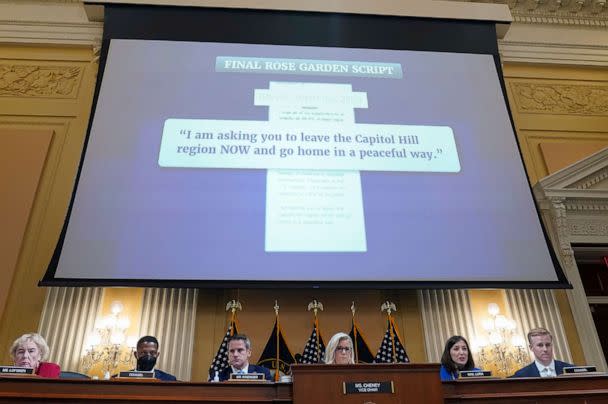 PHOTO: A image of a final script for President Donald Trump to record in a statement in the Rose Garden of the White House on Jan. 6, is played as the House select committee holds a hearing at the Capitol in Washington, D.C., July 21, 2022. (Patrick Semansky/AP)
