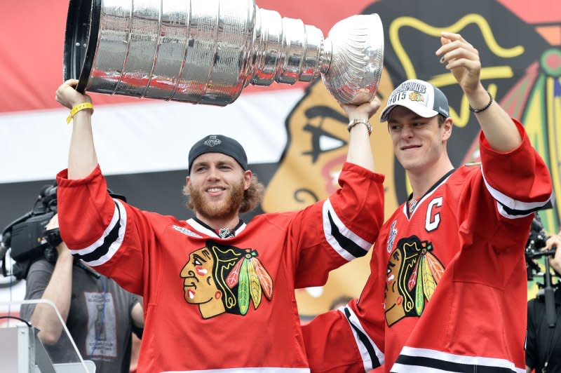 Veteran forward Patrick Kane (L) won three Stanley Cup titles with the Chicago Blackhawks. File Photo by Brian Kersey/UPI