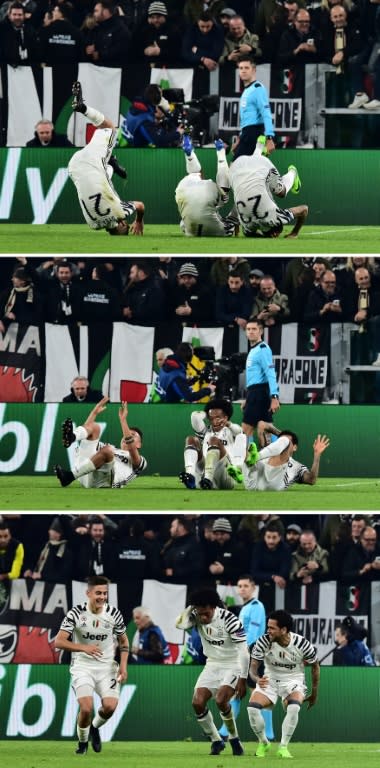 Juventus' Paulo Dybala (L) celebrates with teammates Juan Cuadrado (C) and Dani Alves after scoring a penalty against Porto on March 14, 2017 at the Juventus stadium in Turin