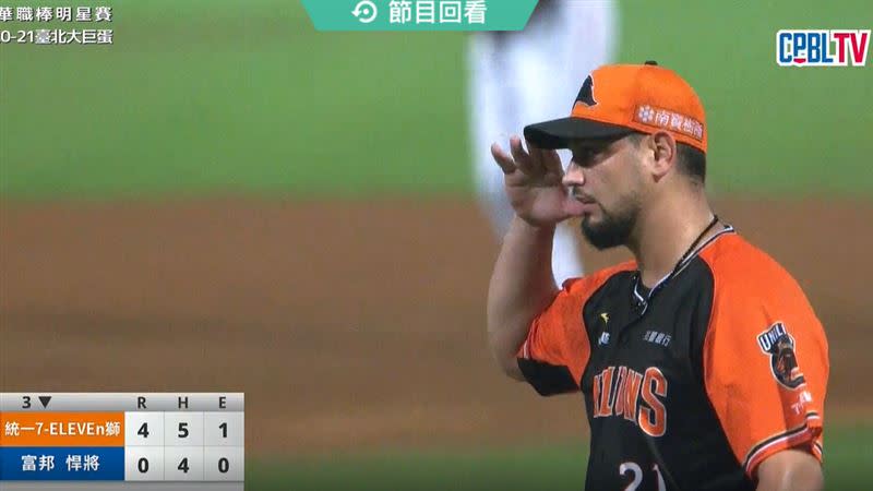 統一獅勝騎士三振掉張育成後，做出「敬禮」手勢。（圖／翻攝自CPBL TV）