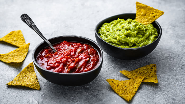 Salsa and guacamole with chips