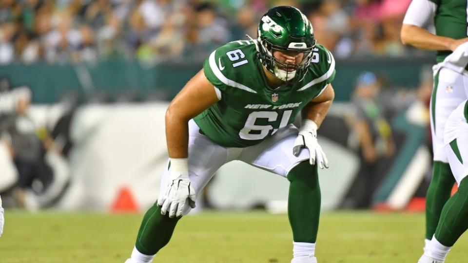Aug 12, 2022; Philadelphia, Pennsylvania, USA; New York Jets offensive tackle Max Mitchell (61) against the Philadelphia Eagles at Lincoln Financial Field.