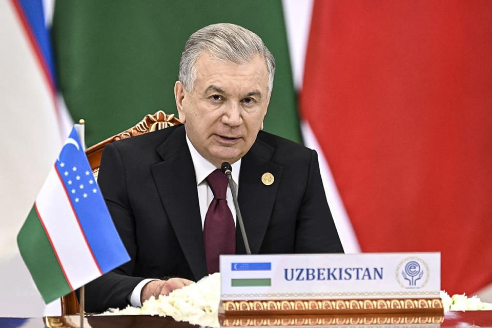 In this photo released by Uzbekistan's President Press Office, Uzbekistan's President Shavkat Mirziyoyev speaks at the Summit of the Economic Cooperation Organisation (ECO) in Tashkent, Uzbekistan, on Thursday, Nov. 9, 2023. (Uzbekistan's President Press Office via AP)