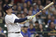 Milwaukee Brewers' Willy Adames watches his two-run home run in the third inning of a baseball game against the New York Mets, Friday, Sept. 24, 2021, in Milwaukee. (AP Photo/Aaron Gash)