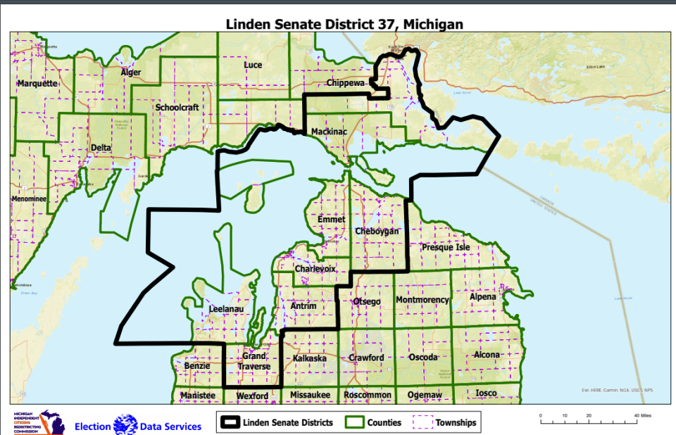A map of the 37th Michigan State Senate district is shown. The area includes the counties of Grand Traverse, Leelanau, Antrim, Charlevoix, Emmet, Cheboygan, Mackinac and a portion of Chippewa County.