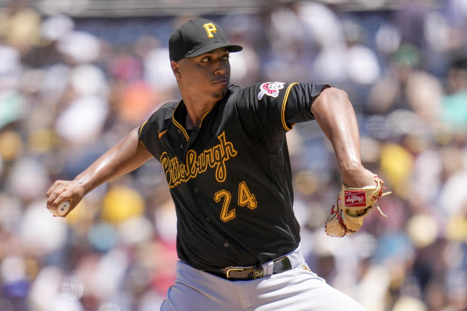 Pittsburgh Pirates starting pitcher Johan Oviedo works against a San Diego Padres batter during the first inning of a baseball game Wednesday, July 26, 2023, in San Diego. (AP Photo/Gregory Bull)