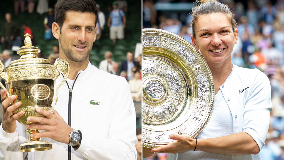 Novak Djokovic and Simona Halep won their Wimbledon finals in wildly contrasting fashion. Image: Getty