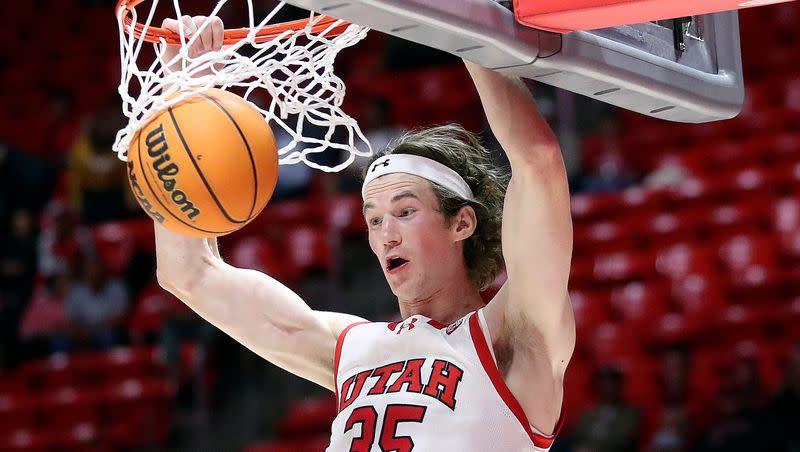 Utah Utes center Branden Carlson (35) dunks the ball during a game against the Eastern Washington Eagles at the Huntsman Center in Salt Lake City on Monday, Nov. 6, 2023. Will Carlson play against BYU on Saturday?
